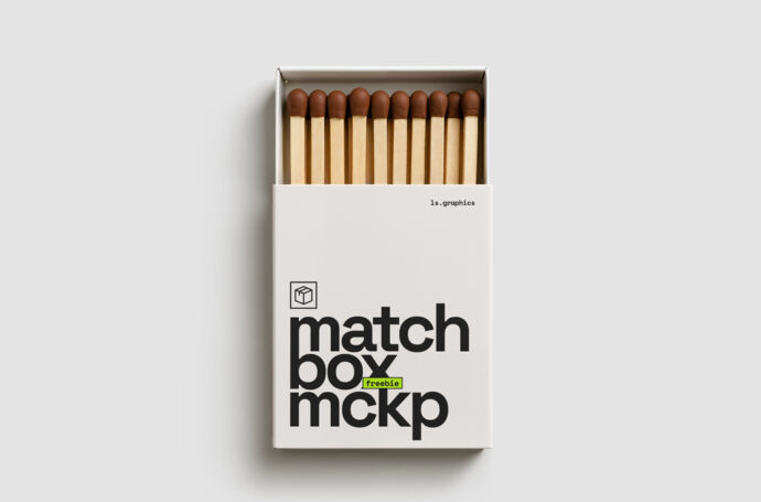 Caixa de fósforos branca aberta revelando fósforos de cabeça marrom, com tipografia moderna em preto.