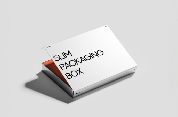 Caixa branca de embalagem fina semiaberta, com texto grande 'Slim Packaging Box'.